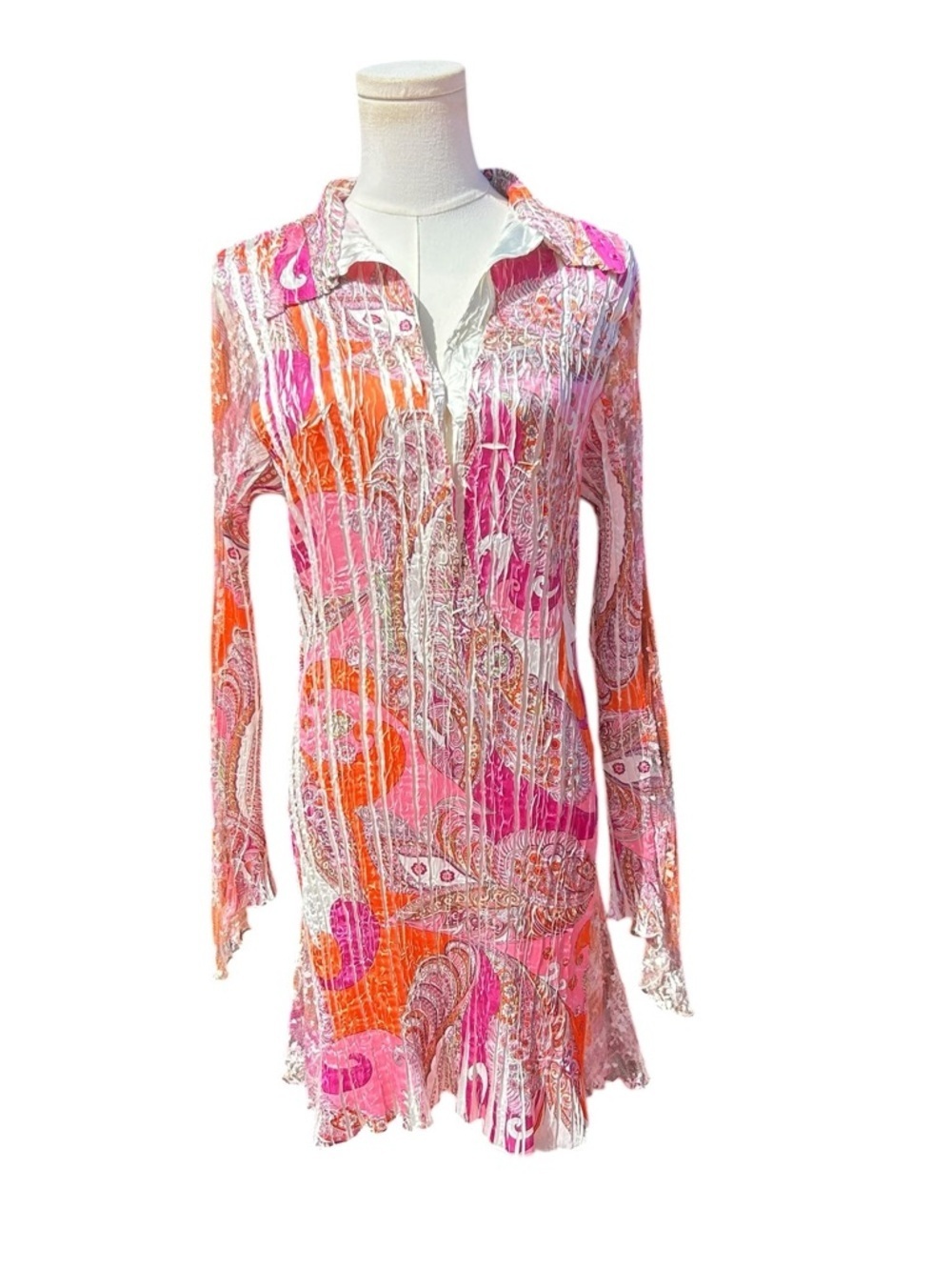 Women’s KOMAROV long sleeve v neck crinkle mini retro paisley dress Small